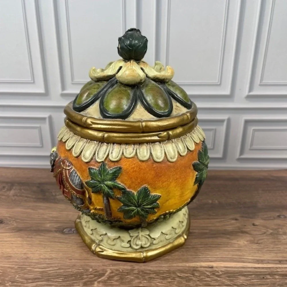 Hand Painted Decorative Two Piece Jar Keepsake‎ Urn Container Elephant Safari